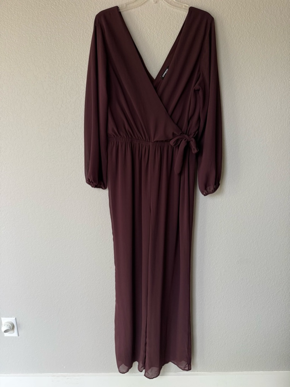 Women’s Wrap-Style Long Sleeve Wide Leg Jumpsuit - Deep Wine